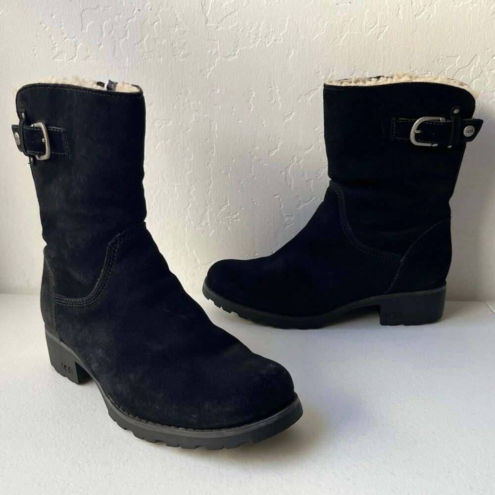 Ugg Australia Mare Boots Size 6.5 Black Suede Genuine Sheepskin Shearling Moto